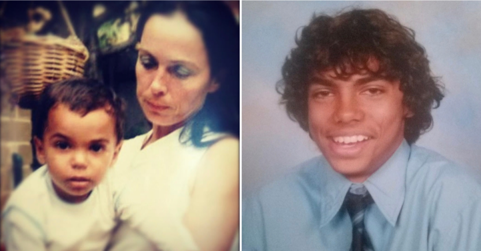 Left: Toddler tony looking at the camera being held by his mum Margaret. Right: A young Tony smiling in a school photo in shirt and tie