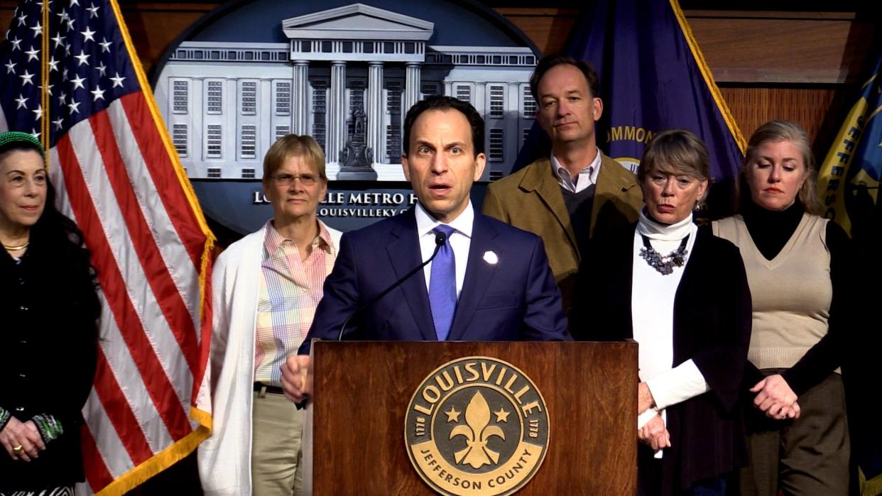 STILL FROM VIDEO: Louisville Mayor Craig Greenberg announced changes to Louisville's share of funding from American Rescue Plan Act Friday, Oct. 20, 2023
