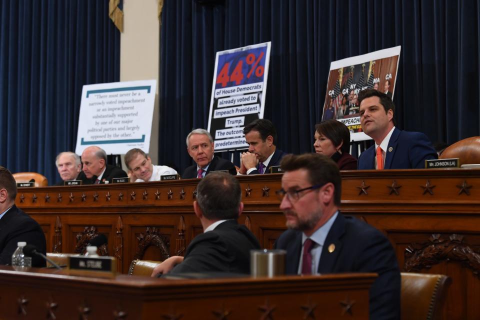 Rep. Matt Gaetz, R-Fla., right, gives his opening statement as the House Judiciary Committee meets to markup Articles of Impeachment against President Donald Trump.