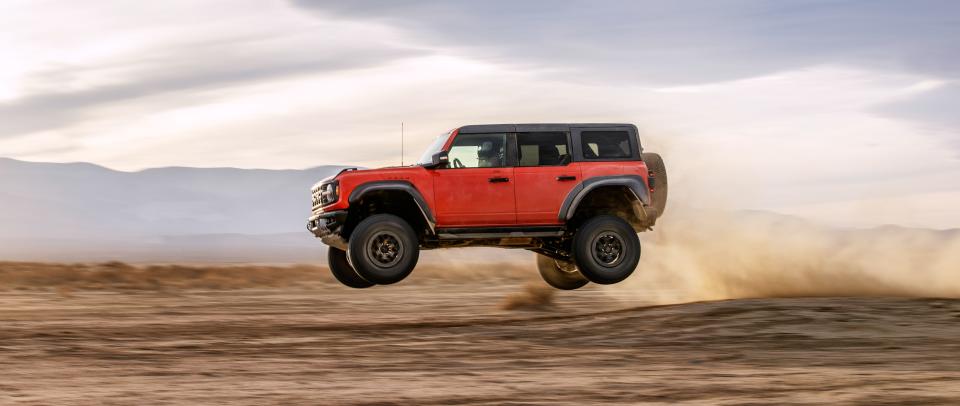 <p>Like the Ford F-150 pickup, the new <a href="https://www.caranddriver.com/ford/bronco" rel="nofollow noopener" target="_blank" data-ylk="slk:Bronco;elm:context_link;itc:0;sec:content-canvas" class="link ">Bronco</a> now has a high-performance Raptor model designed for going full send. It comes standard with 37-inch tires, which is only an option on the F-150 Raptor, a more powerful twin-turbocharged engine putting out around 400 horsepower, and other go-fast-off-road equipment that make it almost as wide as the <a href="https://www.caranddriver.com/ford/f-150-raptor" rel="nofollow noopener" target="_blank" data-ylk="slk:F-150 Raptor;elm:context_link;itc:0;sec:content-canvas" class="link ">F-150 Raptor</a>. This is all the gear you get when upgrading to the Bronco Raptor, which current Bronco reservation holders can do now.</p><p><a class="link " href="https://www.caranddriver.com/ford/bronco-raptor" rel="nofollow noopener" target="_blank" data-ylk="slk:All about the 2022 Bronco Raptor;elm:context_link;itc:0;sec:content-canvas">All about the 2022 Bronco Raptor</a></p>