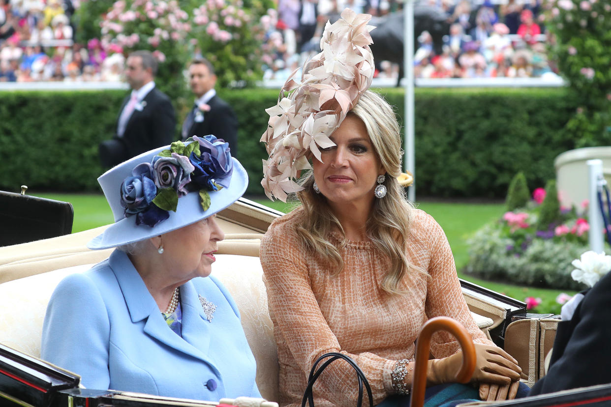 ASCOT, ENGLAND - JUNE 18:  Queen Elizabeth II and Queen Maxima of the Netherlands  on day one of Royal Ascot at Ascot Racecourse on June 18, 2019 in Ascot, England. (Photo by Chris Jackson/Getty Images)