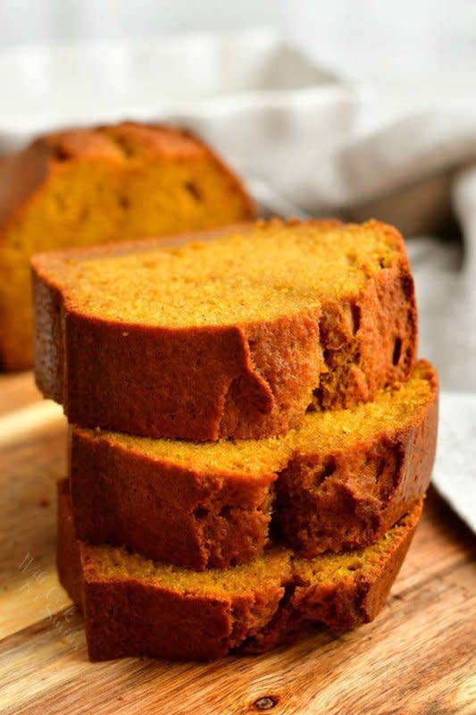 <p>Will Cook For Smiles</p><p>This easy pumpkin bread is a moist quick bread with real pumpkin puree and warm spices. </p><p><strong>Get the recipe: <em><a href="https://www.willcookforsmiles.com/pumpkin-bread/" rel="nofollow noopener" target="_blank" data-ylk="slk:Easy Pumpkin Bread;elm:context_link;itc:0;sec:content-canvas" class="link rapid-noclick-resp">Easy Pumpkin Bread</a></em></strong></p>