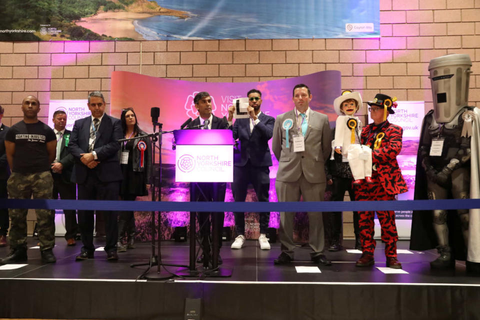 Rishi Sunak speaks alongside Count Binface after winning his seat at Richmond and Northallerton during the UK election.