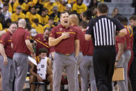 Iowa State head coach T.J. Otzelberger argues a call with the official during the second half of an NCAA college basketball game against Missouri, Saturday, Jan. 28, 2023, in Columbia, Mo. Missouri won 78-61.(AP Photo/L.G. Patterson)