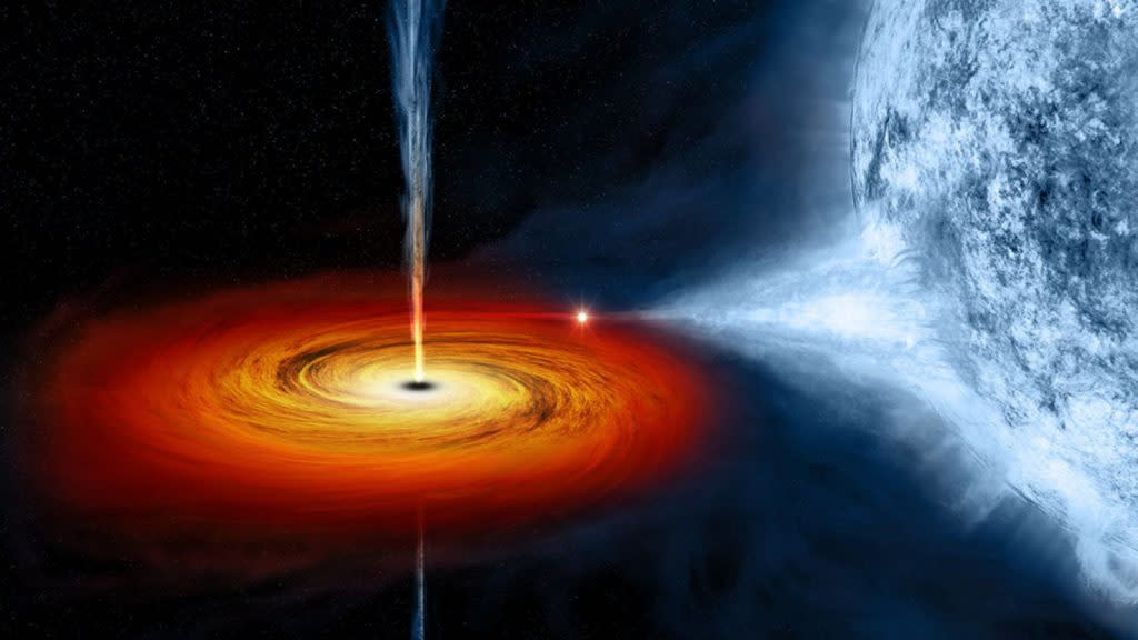  An illustration of a black hole stripping material from a star in a microquasar. 