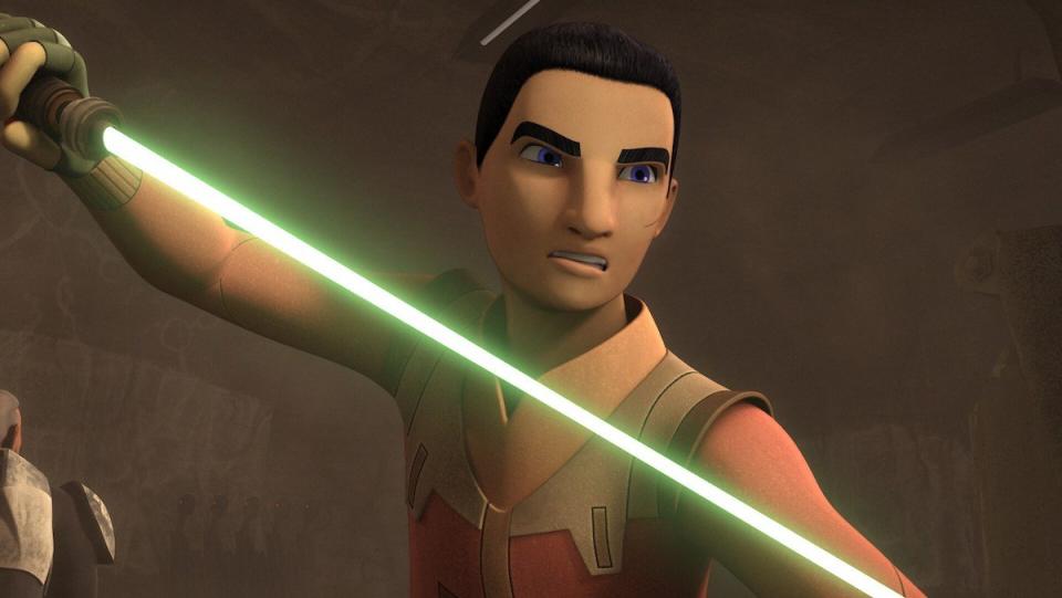 Ezra Bridger with his green lightsaber on Star Wars Rebels