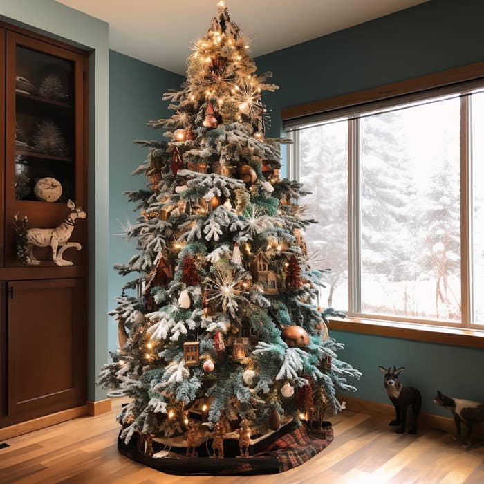 A Christmas tree with branches that look like they're covered in snow with warm lights and various snowflake and house ornaments, featuring a plaid tree skirt