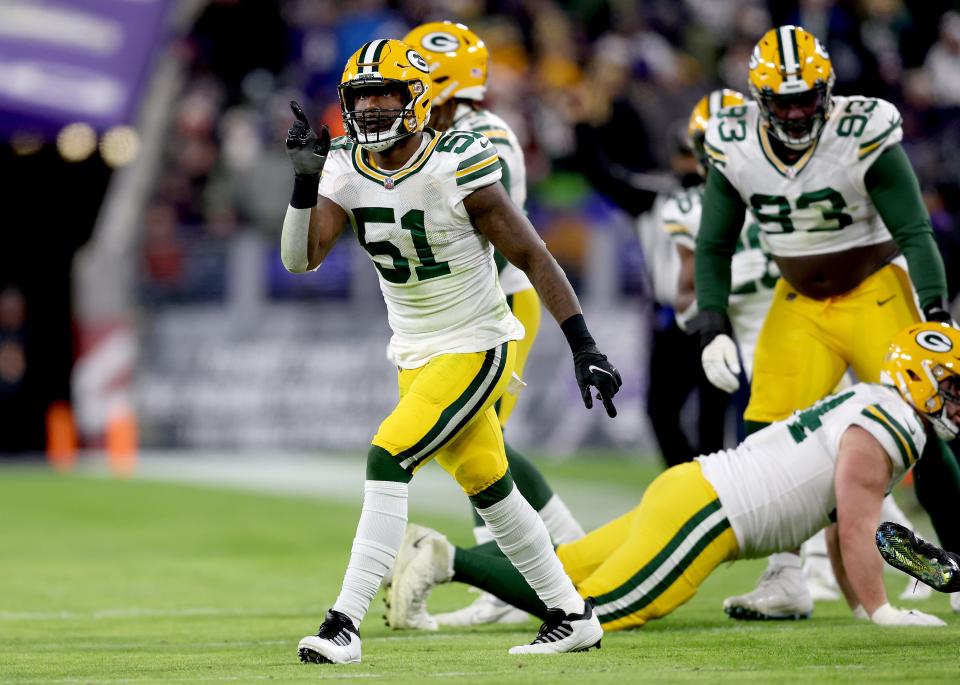 Green Bay Packers linebacker Krys Barnes reacts after a defensive play against the Baltimore Ravens in the fourth quarter on Sunday, Dec. 19, 2021, at M&T Bank Stadium in Baltimore.