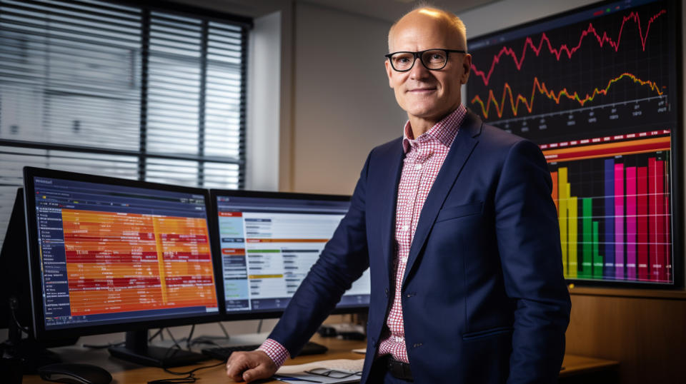 An experienced mortgage broker in front of a board with colorful charts and graphs in an office.