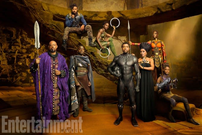 L-R: Forest Whitaker as Zuri, Daniel Kaluuya as W’Kabi, Michael B. Jordan as Erik Killmonger, Lupita Nyong’o as Nakia, Chadwick Boseman as Black Panther/T’Challa, Angela Bassett as Ramonda, Danai Gurira as Okoye, Letitia Wright as Shuri (credit: Entertainment Weekly/Marvel Studios)