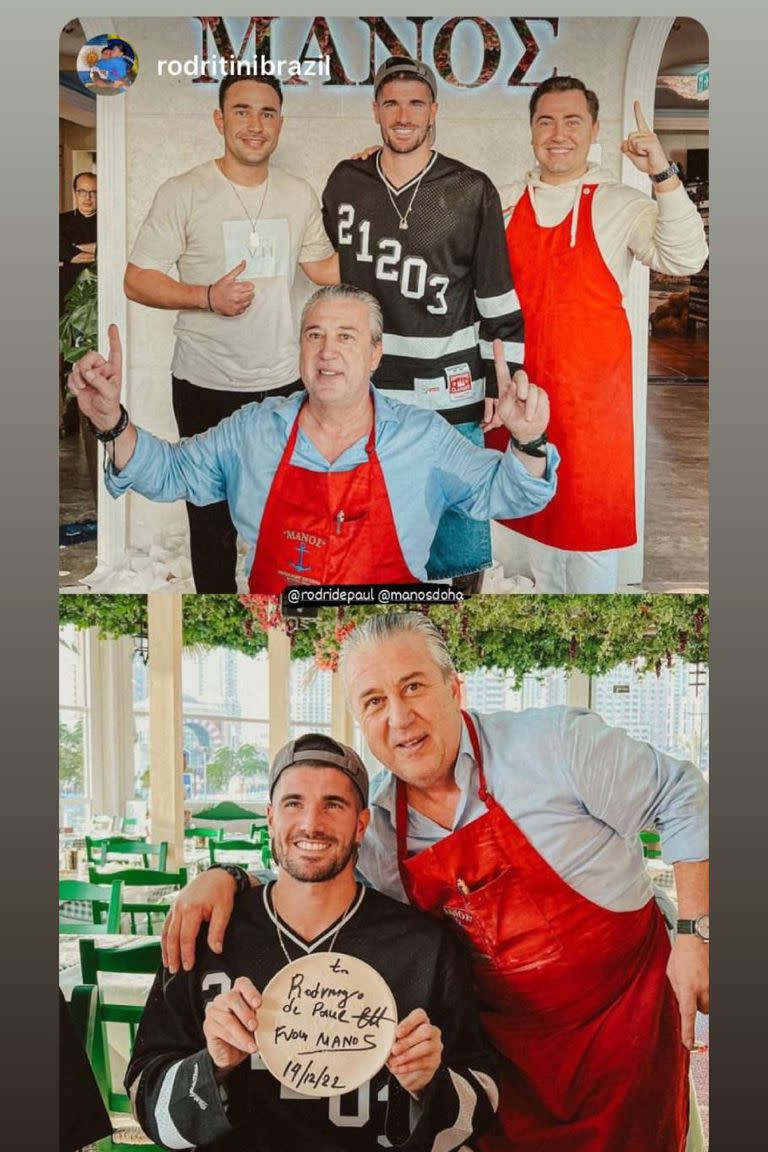 Rodrigo de Paul se fotografió con la gente del restaurante griego Manos, en Doha, donde almorzó en su día libre tras clasificar a la final del Mundial de Qatar 2022