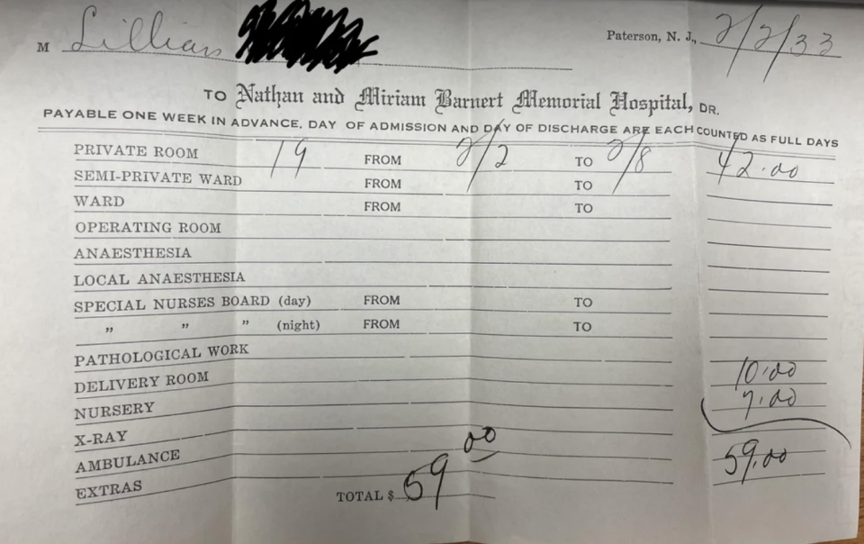 Hospital bill summary dated 1/27/33 addressed to Lillian for various medical services totaling $59.00, including room, ward, operating room, and anesthesia charges