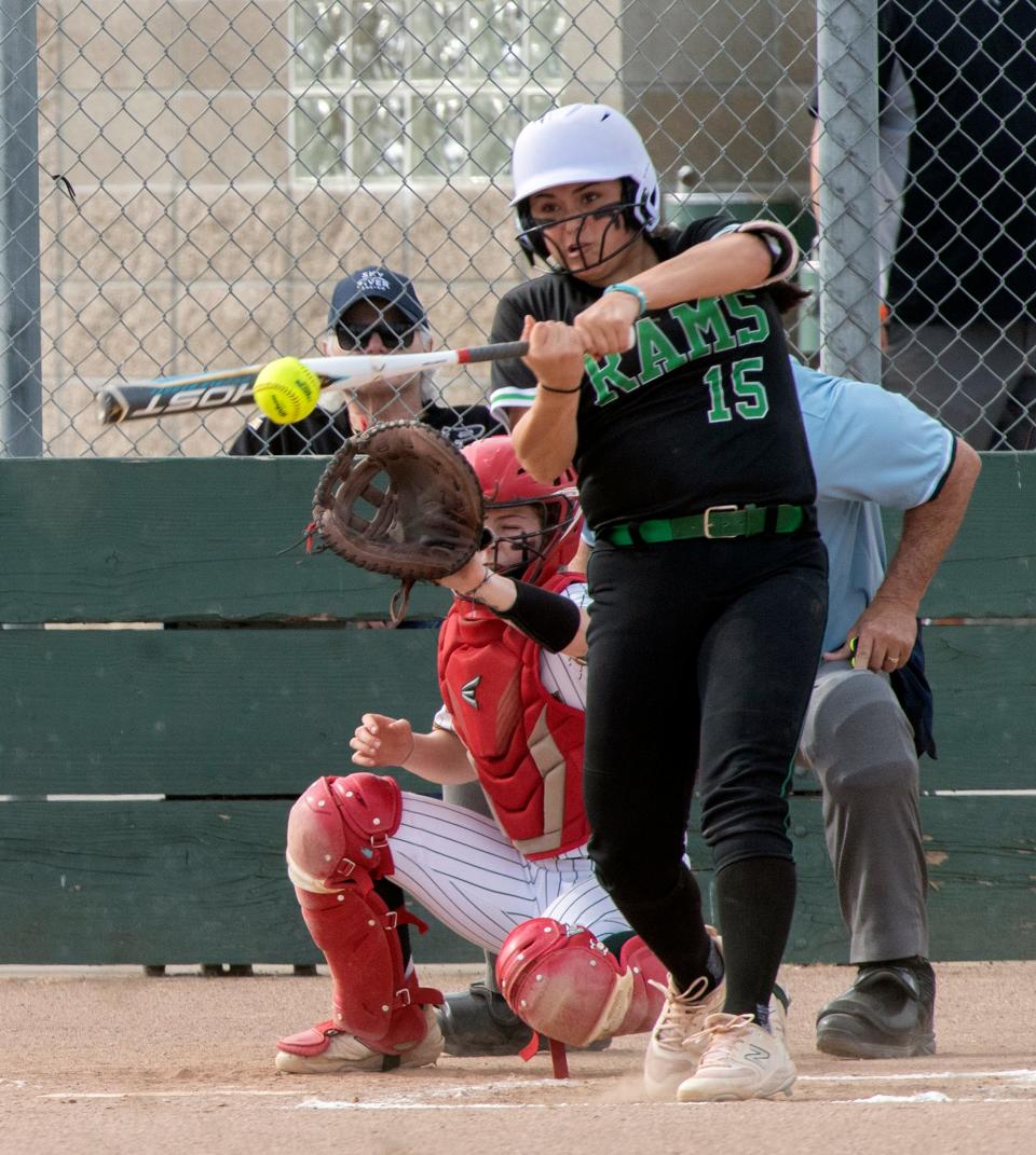 St. Mary's Matea Muraoka makes contact during a varsity softball game against Tracy at the Tracy Sports Complex in Tracy on Mar. 21, 2024. Tracy won 5-1.