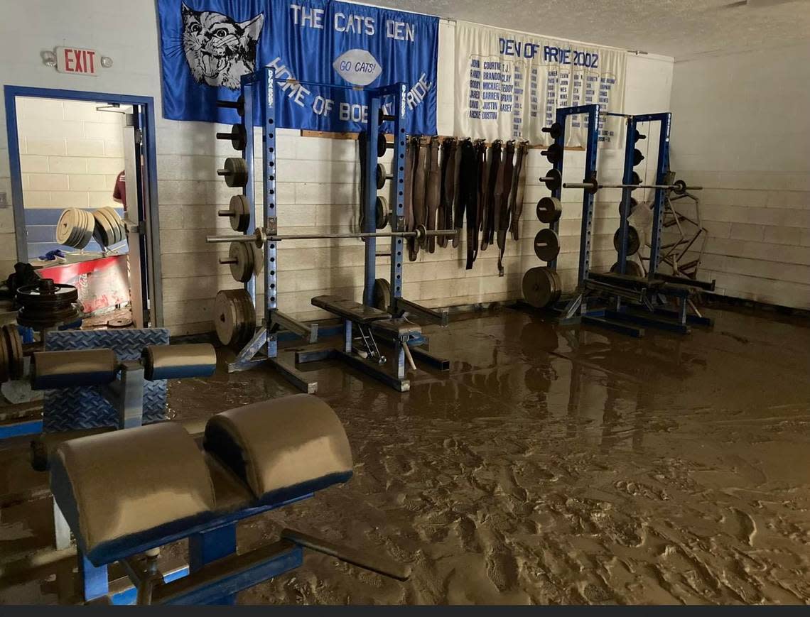 The Breathitt County weight room was covered in mud after flooding last week. The Lexington Christian Academy football team traveled to Jackson to assist in cleanup efforts.