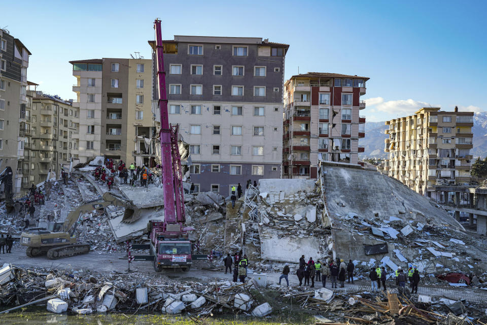 Aerial photo shows the destruction in Hatay, southern Turkey, Wednesday, Feb. 8, 2023. Thinly stretched rescue teams worked through the night in Turkey and Syria, pulling more bodies from the rubble of thousands of buildings toppled by a catastrophic earthquake. The death toll rose Wednesday to more than 9,500, making the quake the deadliest in more than a decade. (Cemal Yurttas/DIA via AP)