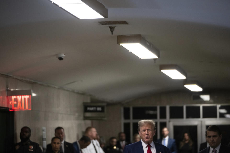 Former President Donald Trump speaks to reporters at Manhattan Criminal Court in New York, Tuesday, April 30, 2024. (Victor J. Blue/The Washington Post via AP, Pool)