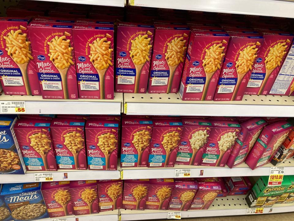 Boxes of Kroger brand mac and cheese.