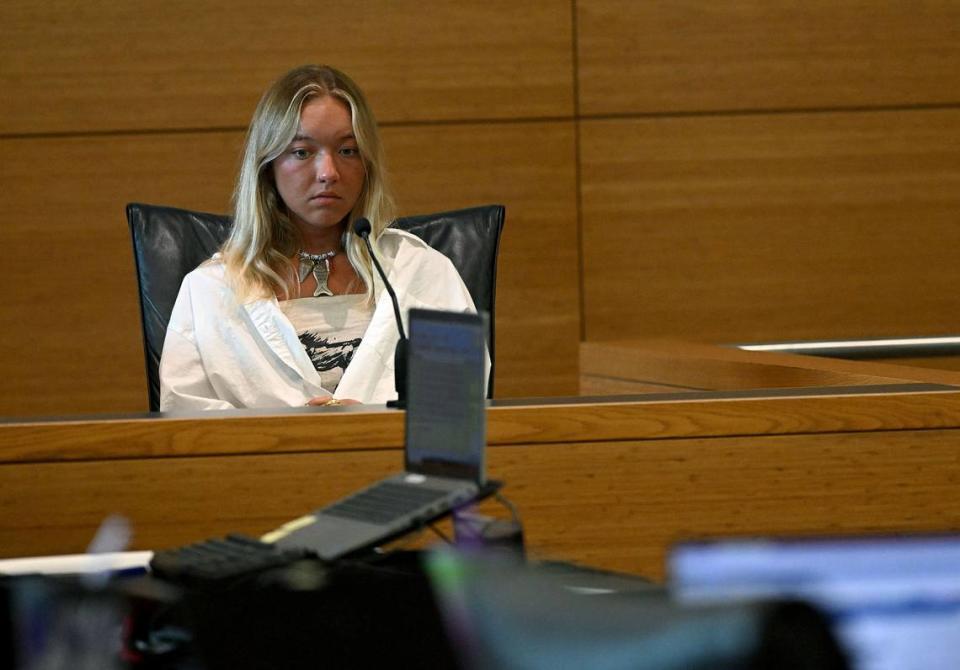 Eva Benefield, 23, Doug Benefield’s daughter from his first marriage, testifies at the trial of Ashley Benefield for the second-degree murder of her husband, Doug Benefield, in 2020 at the Manatee County Judicial Center, July 23, 2024.