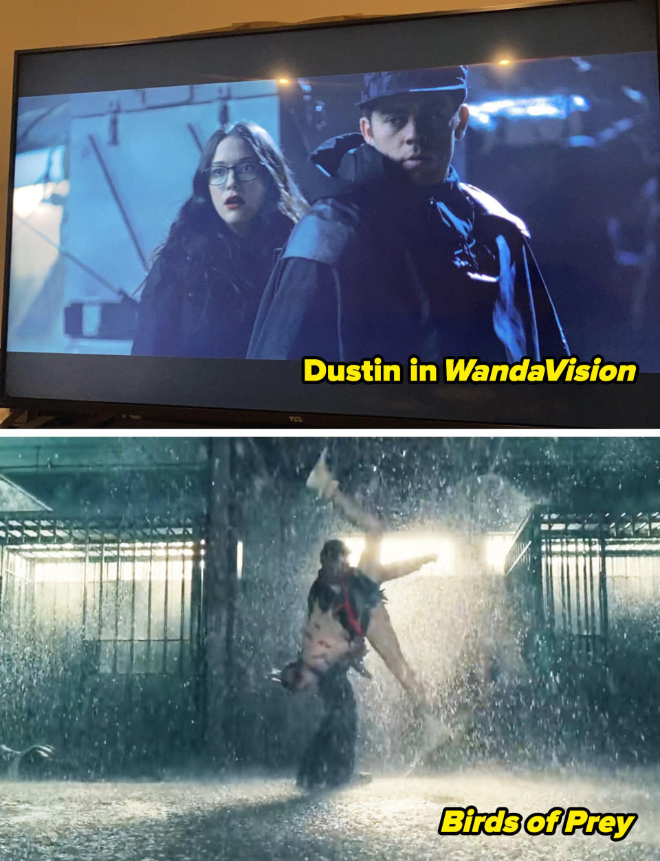 (top) kat dennings and stuntman dustin in "wandavisison" (bottom) "birds of prey" stunt scene