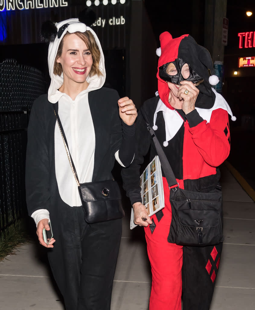 <p>Perhaps appearing in <em>American Horror Story</em> has made Paulson averse to scary creatures? She dressed as a panda and her love Taylor played a jester. (Photo: Gilbert Carrasquillo/GC Images) </p>