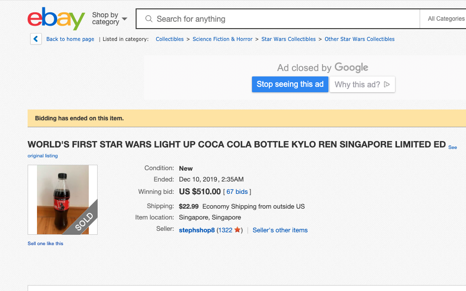 En la imagen se puede ver la subasta de eBay de una botella de Coca Cola con la etiqueta luminosa de Star Wars que se vendió con un precio final de algo más de 500 dólares. Foto: captura de pantalla de eBay. 