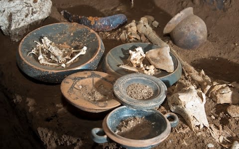 Ceramic bowls and plates, as well as the remains of animal bones, were found in the tomb - Credit: Superintendency of Rome