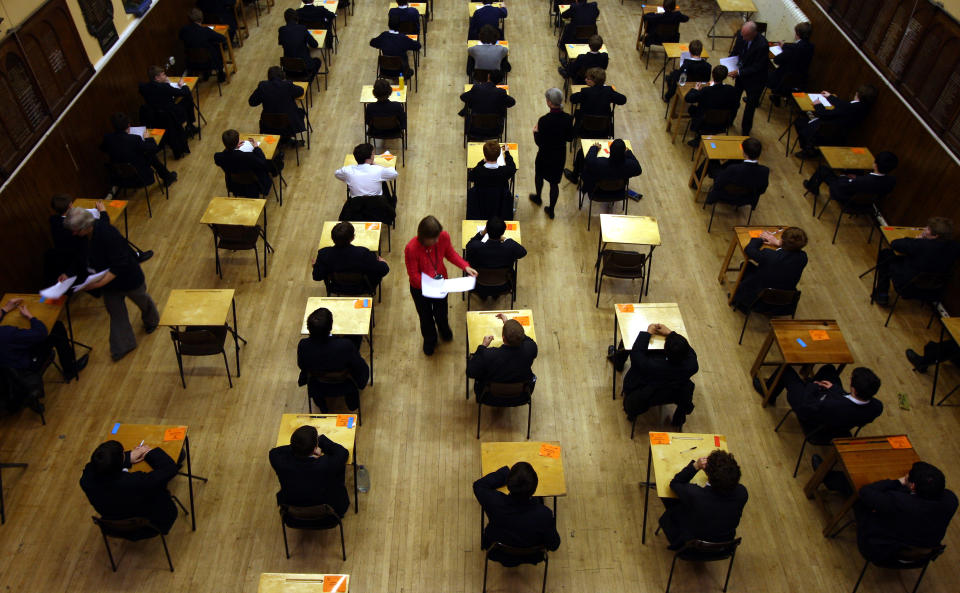 A general view of pupils sitting an exam at Lawrence Sheriff school Rugby, Warwickshire.