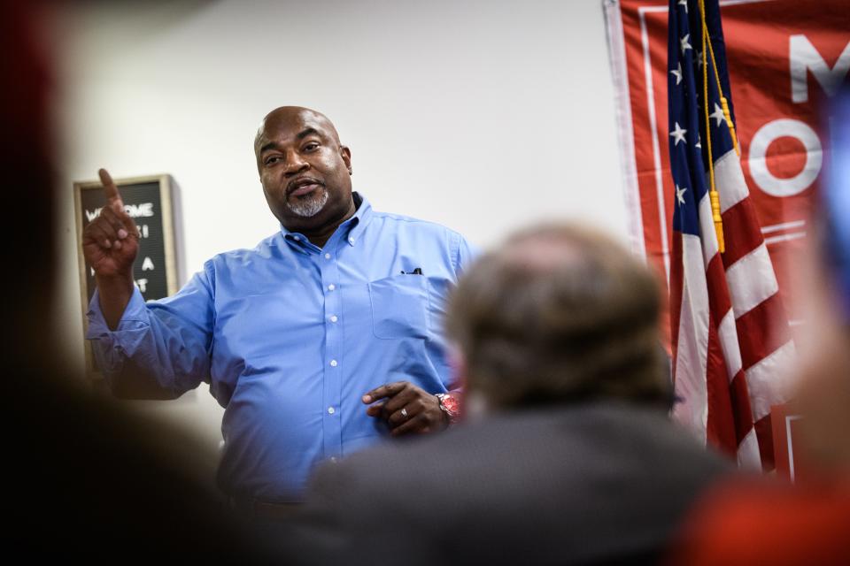 Gubernatorial candidate Mark Robinson speaks at rally at Freedom Christian Academy on Saturday, Jan. 13, 2024.