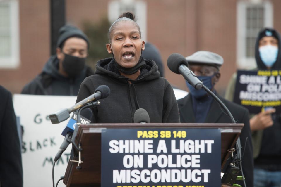 Keandra Ray, sister of Jeremy McDole speaks at press conference to support the passage of SB 149 to make police disciplinary records public and create community review boards with police oversight Monday, Nov. 22, 2021, outside of Legislative Hall in Dover. 