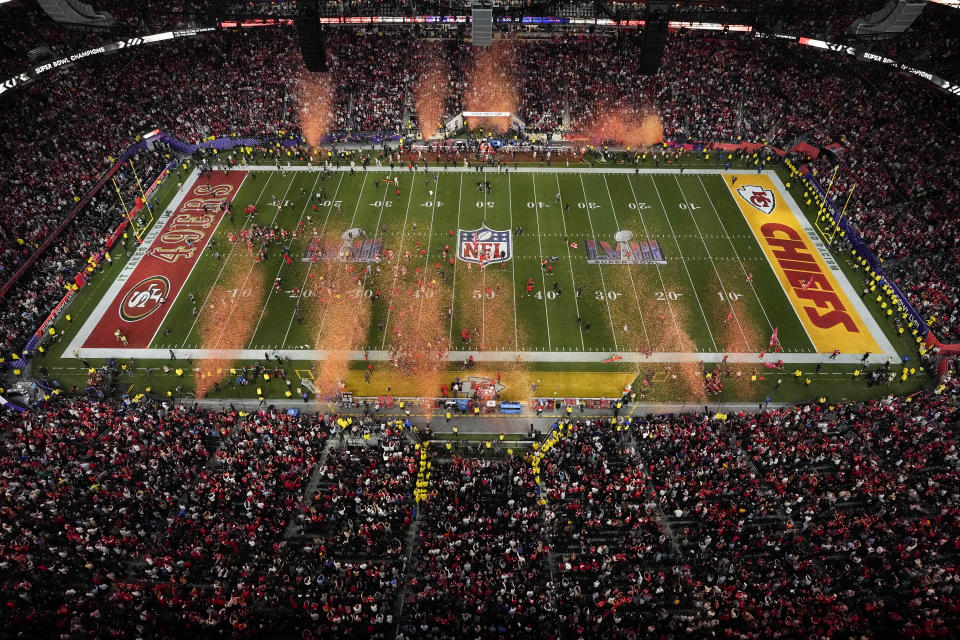 The Kansas City Chiefs celebrate after their victory over the San Francisco 49ers during the NFL Super Bowl 58 football game Sunday, Feb. 11, 2024, in Las Vegas. (AP Photo/Godofredo A. Vásquez)