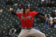 Atlanta Braves starting pitcher Kyle Wright delivers during the first iinning of a baseball game against the Chicago Cubs on Friday, April 16, 2021, in Chicago. (AP Photo/Matt Marton)