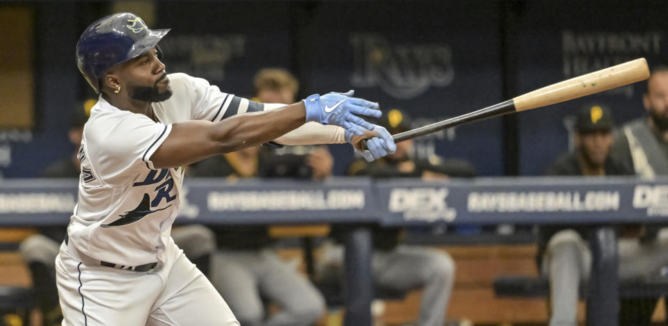 Tampa Bay Rays' Randy Arozarena hits an RBI-double off Pittsburgh Pirates starter JT Brubaker during the fifth inning of a baseball game Saturday, June 25, 2022, in St. Petersburg, Fla. (AP Photo/Steve Nesius)