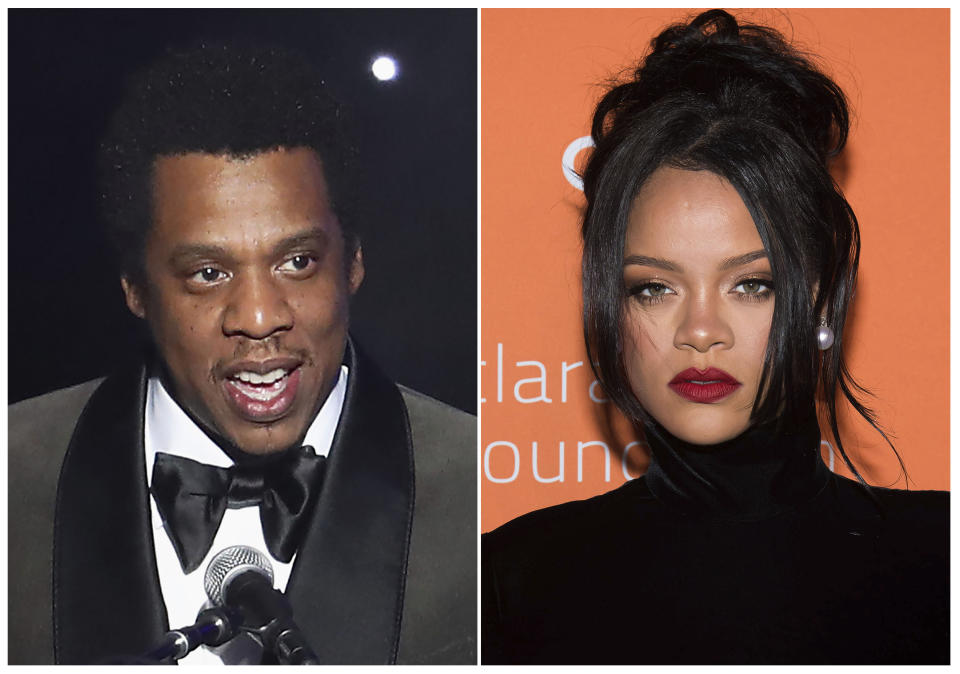 This combination photo shows Jay-Z speaking at the 2018 Pre-Grammy Gala And Salute To Industry Icons in New York on Jan. 27, 2018, left, and Rihanna at the 5th annual Diamond Ball benefit gala in New York on Sept. 12, 2019. Rihanna's Clara Lionel Foundation is donating $1 million in grants towards COVID-19 response — a number that is being matched by Jay-Z’s Shawn Carter Foundation. (AP Photo)