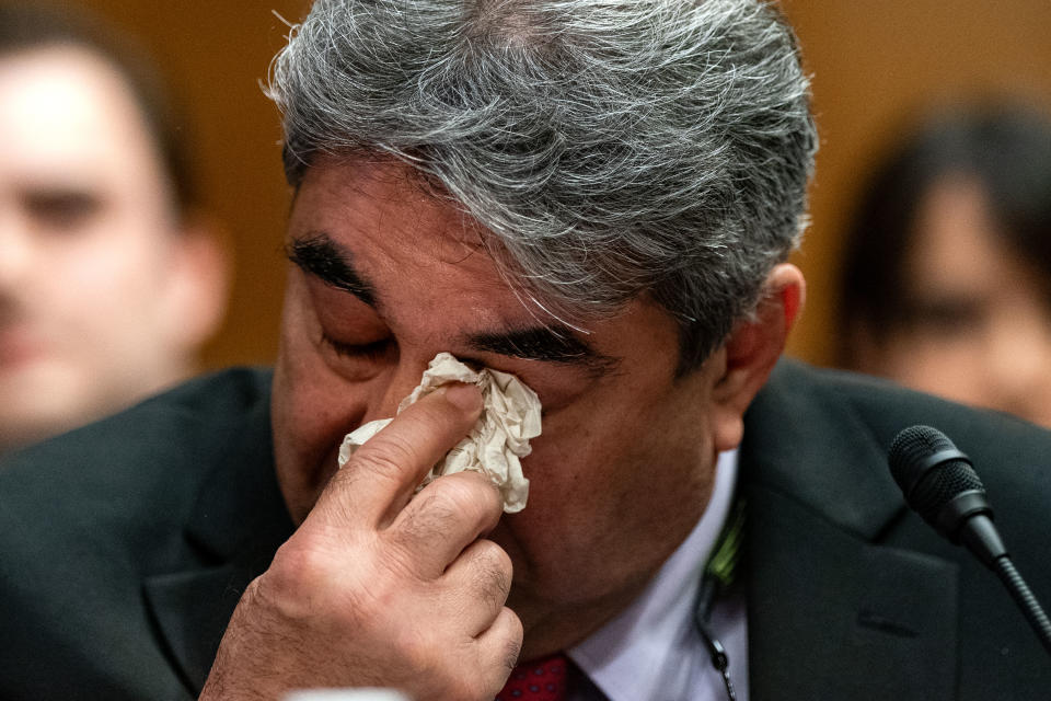Sam Salehpour, pictured at a US Senate hearing on 17 April 2024, testified he was repeatedly threatened for raising safety concerns at Boeing (Getty Images)