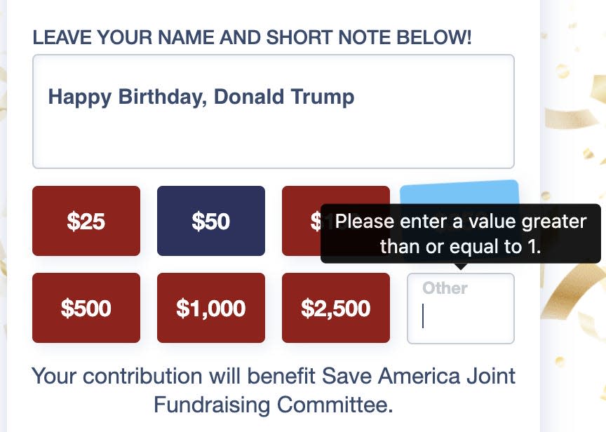 A link allows well-wishers to send a birthday message to Donald Trump