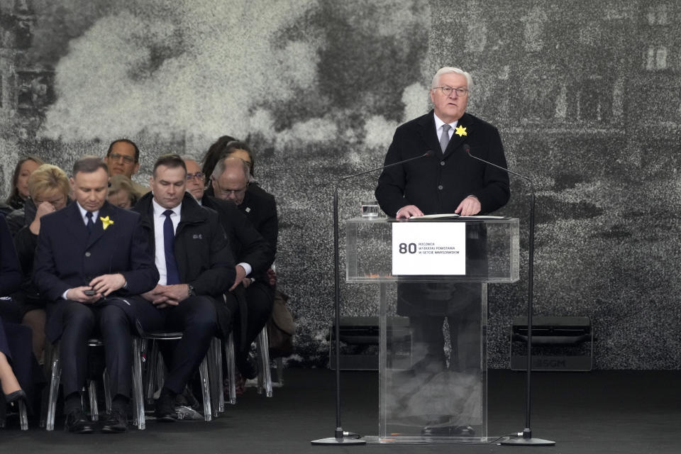 German President Frank-Walter Steinmeier delivers a speech during a 'Warsaw Ghetto Uprising' commemoration reception in Warsaw, Poland, Wednesday, April 19, 2023. Presidents, Holocaust survivors and their descendants are marking the 80th anniversary of the Warsaw Ghetto Uprising. The anniversary honors the hundreds of young Jews who took up arms in Warsaw in 1943 against the overwhelming might of the Nazi German army. (AP Photo/Czarek Sokolowski)