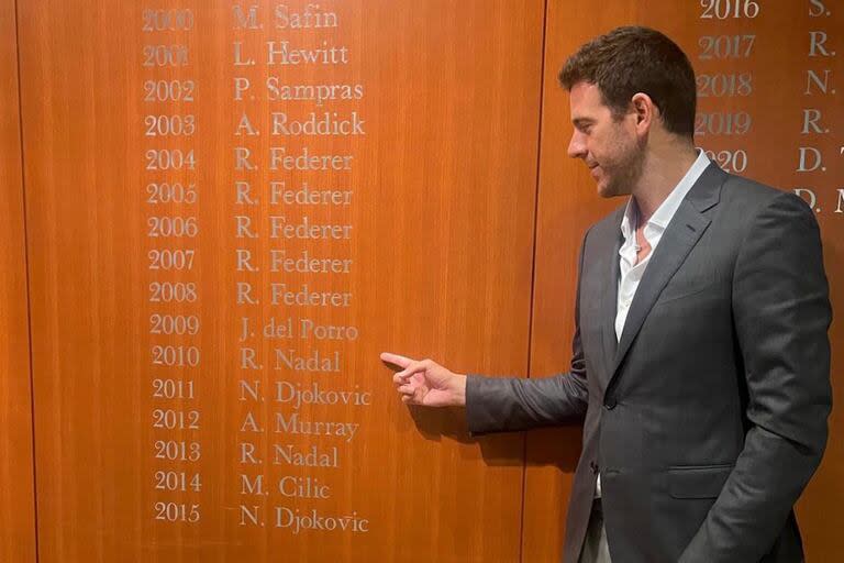 Juan Martín del Potro en el US Open el año pasado, y un recuerdo especial: su nombre, en la lista de campeones