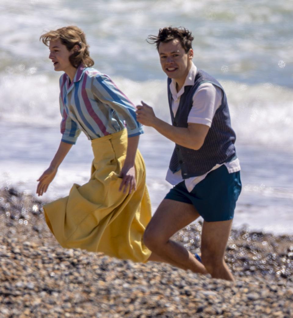 <p>Harry Styles and Emma Corrin hit the beach in England on Thursday while continuing to film <em>My Policeman.</em></p>