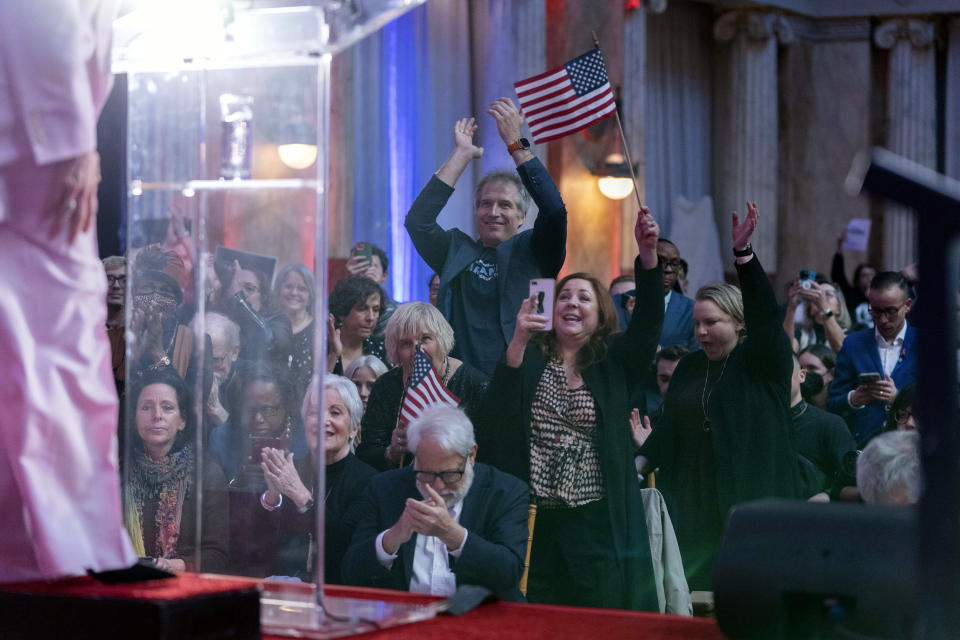 Supporters cheer as self-help author Marianne Williamson speaks to the crowd while launching her 2024 presidential campaign in Washington, Saturday, March 4, 2023. The 70-year-old onetime spiritual adviser to Oprah Winfrey became the first Democrat to formally challenge President Joe Biden for the 2024 nomination. (AP Photo/Jose Luis Magana)