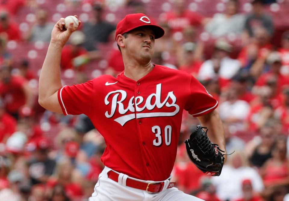 Jul 24, 2022; Cincinnati, Ohio, USA; Cincinnati Reds Tyler Mahle (30) throws a pitch against the St. Louis Cardinals during the second inning at Great American Ball Park. Mandatory Credit: David Kohl-USA TODAY Sports