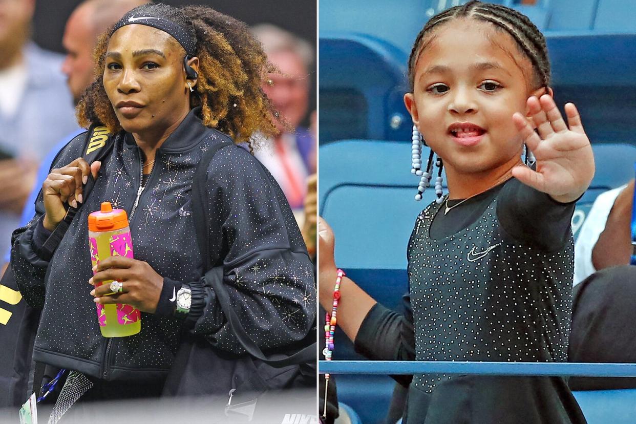 NEW YORK, NEW YORK - AUGUST 29: Serena Williams of the United States walks onto the court prior to her Women's Singles First Round match against Danka Kovinic of Montenegro on Day One of the 2022 US Open at USTA Billie Jean King National Tennis Center on August 29, 2022 in the Flushing neighborhood of the Queens borough of New York City. (Photo by Elsa/Getty Images); US player Serena Williams' daughter Alexis Olympia (R) waves alongside her father Alexis Ohanian before her mother's match against Montenegro's Danka Kovinic during their 2022 US Open Tennis tournament women's singles first round match at the USTA Billie Jean King National Tennis Center in New York, on August 29, 2022. - Serena Williams was set to take center stage as the US Open got under way on August 29, 2022 with the 23-time Grand Slam winner preparing to bid an emotional farewell to tennis. (Photo by KENA BETANCUR / AFP) (Photo by KENA BETANCUR/AFP via Getty Images)