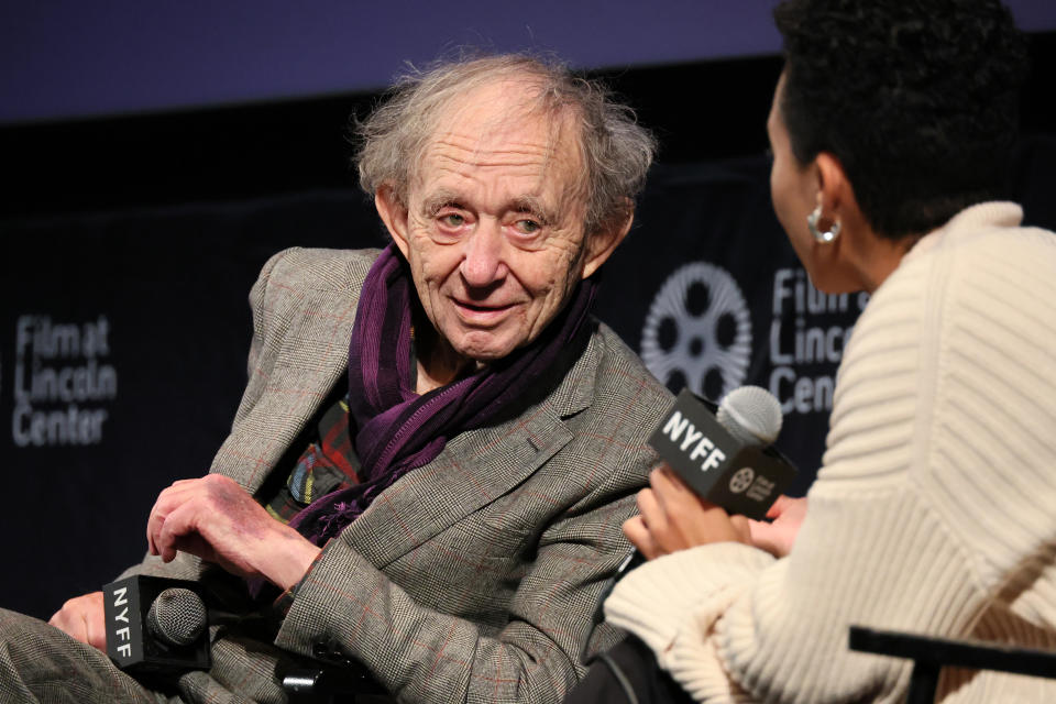 Frederick Wiseman and moderator Dessane Lopez Cassell speak onstage during Crosscuts: Alice Diop & Frederick Wiseman during the 60th New York Film Festival at The Film Society of Lincoln Center, Walter Reade Theatre on October 03, 2022 in New York City.