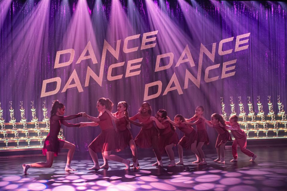 Sofia Carson (far left) stars in the feel-good musical comedy as a failed Broadway star who returns to her hometown to train a bunch of young misfits for a big dance competition in "Feel the Beat."