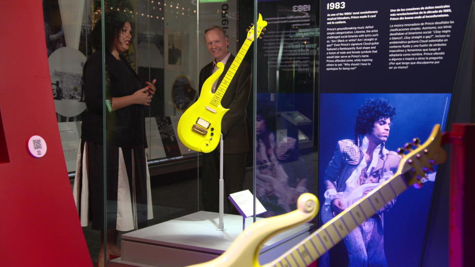 A guitar used by the artist Prince is on display at the Smithsonian exhibition 