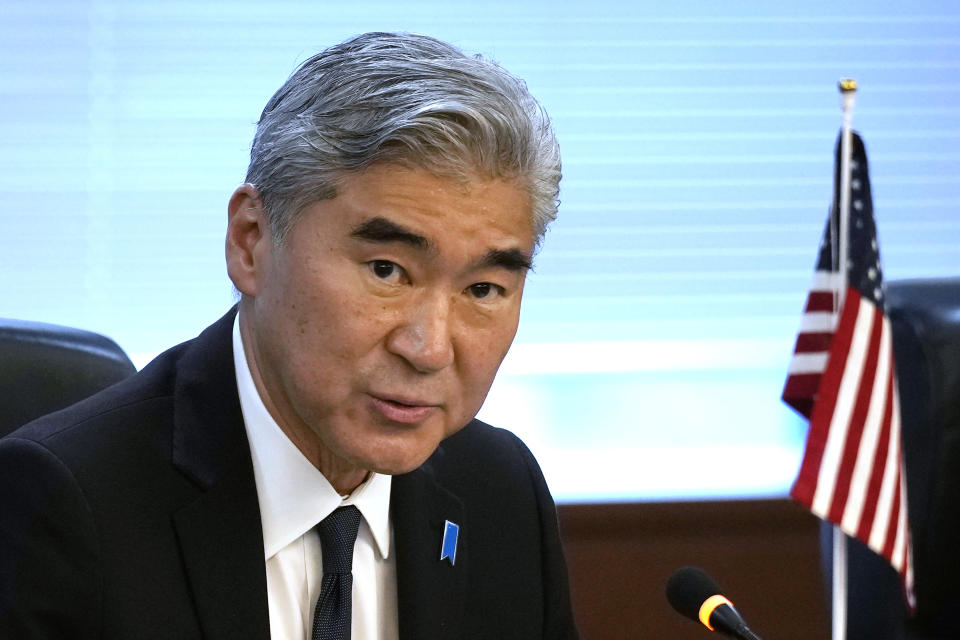 U.S. Special Representative for North Korea Sung Kim speaks during a trilateral meeting with South Korea Special Representative for Korean Peninsula Peace and Security Affairs Kim Gunn and Japan Director-General for Asian and Oceanian Affairs Bureau Takehiro Funakoshi on North Korea at the Foreign Ministry Wednesday, Sept. 7, 2022, in Tokyo. (AP Photo/Eugene Hoshiko)