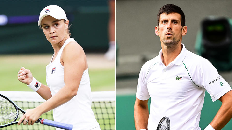 Ash Barty (pictured left) celebrating her win and Novak Djokovic (pictured right) looking up to his player's box.