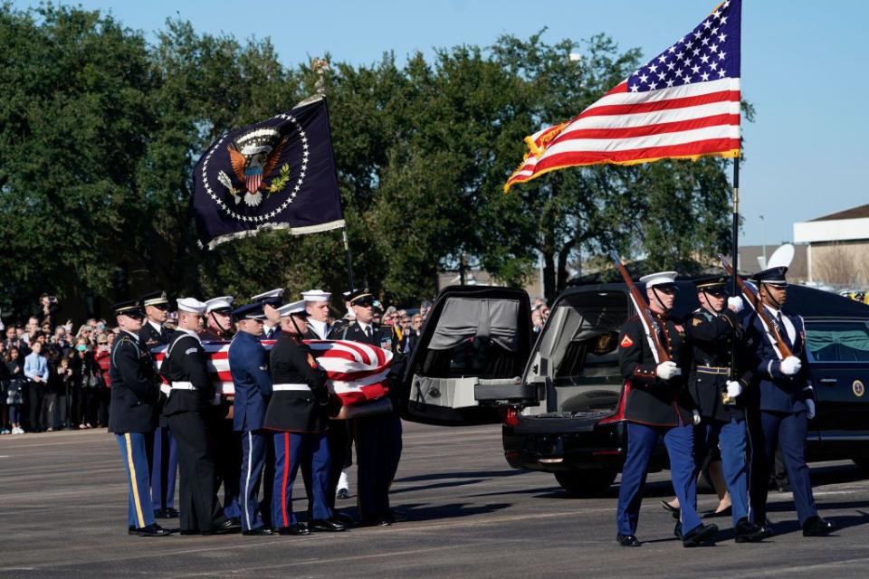 3) The departure ceremony begins at Ellington Field.