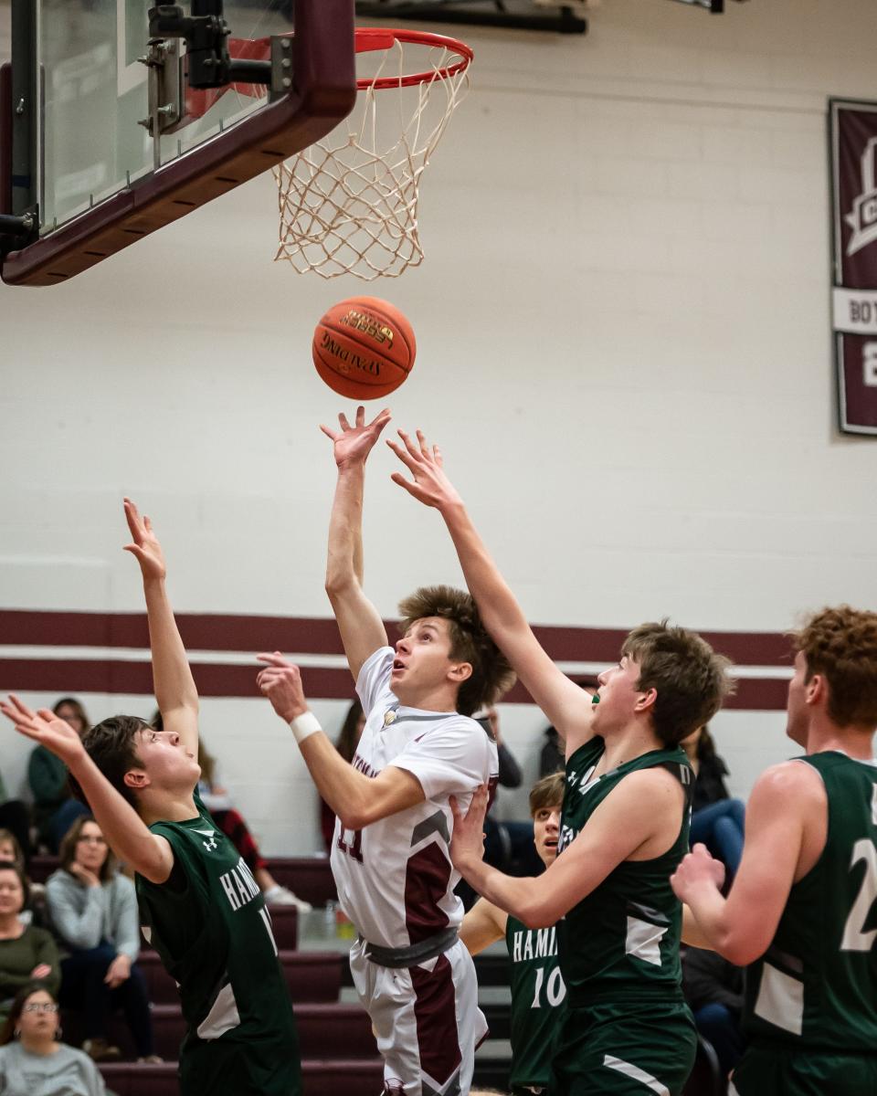 Oriskany's Jack Tamburino shoots a lay-up at Oriskany Junior-Senior High School in Oriskany on Saturday, January 21, 2023.