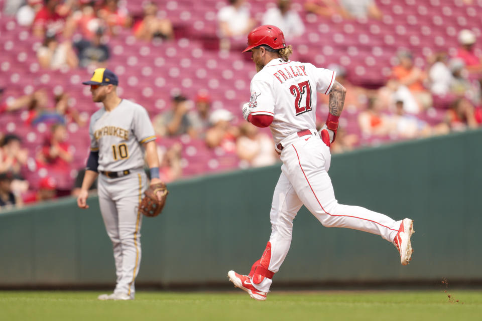 Cincinnati Reds' Jake Fraley (27) rounds the bases after hitting a solo home run against the Milwaukee Brewers in the seventh inning of a baseball game in Cincinnati, Sunday, June 4, 2023. (AP Photo/Jeff Dean)