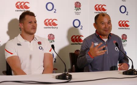 Britain Rugby Union - England Training & Press Conference - Pennyhill Park, Bagshot, Surrey - 24/2/17 England Head Coach Eddie Jones and Dylan Hartley during the press conference Action Images via Reuters / Andrew Boyers Livepic
